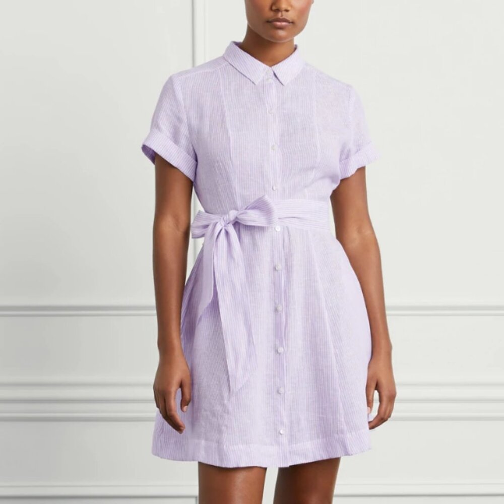 Hill House Home | Laura Pinstripe Lilac Belted Linen Shirt Dress | NWT